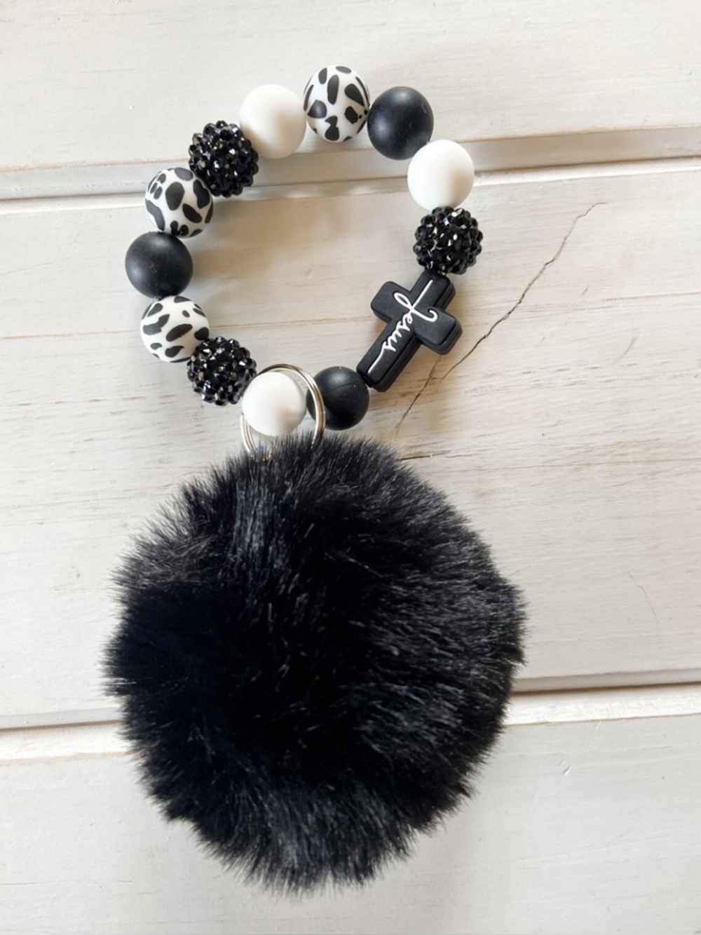 Beaded keychain,\bag charm with pom-pom